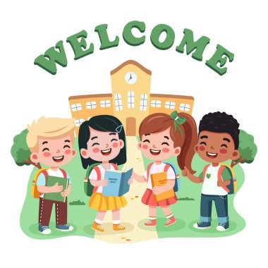 Okulun önünde elinde kitap ve sırt çantasıyla gülümseyen uluslararası çocuklar. Okul konseptine geri dönelim. Düz dizayn tarzında bir çizgi film karakteri izole edildi. Vektör illüstrasyonu