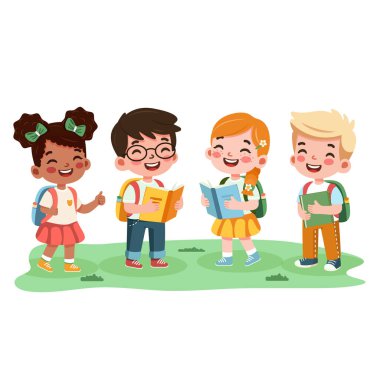 Gülümseyen uluslararası çocuklar okula beyaz arka planda bir kitap ve sırt çantasıyla giderler. Düz dizayn tarzında bir çizgi film karakteri izole edildi. Vektör illüstrasyonu