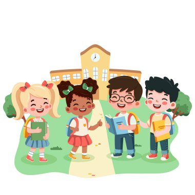 Okulun önünde elinde kitap ve sırt çantasıyla gülümseyen uluslararası çocuklar. Okul konseptine geri dönelim. Düz dizayn tarzında bir çizgi film karakteri izole edildi. Vektör illüstrasyonu