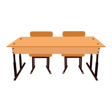 Tahta okul masası ve beyaz arka planda iki sandalye. Çizgi film tarzında vektör illüstrasyonu