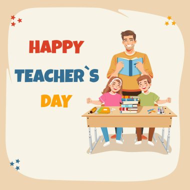 Sınıftaki okul masasında mutlu öğrencilerle gülümseyen öğretmen. Dünya Öğretmenler Günü konsepti. Poster, Banner, Flyer, tebrik kartı. Çizgi film tarzında vektör illüstrasyonu