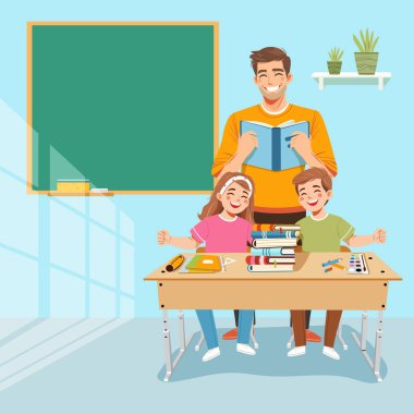 Sınıftaki okul masasında mutlu öğrencilerle gülümseyen öğretmen. Dünya Öğretmenler Günü konsepti. Poster, Banner, Flyer, tebrik kartı. Çizgi film tarzında vektör illüstrasyonu