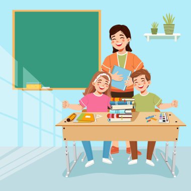 Sınıftaki okul masasında mutlu öğrencilerle gülümseyen öğretmen. Dünya Öğretmenler Günü konsepti. Poster, Banner, Flyer, tebrik kartı. Çizgi film tarzında vektör illüstrasyonu
