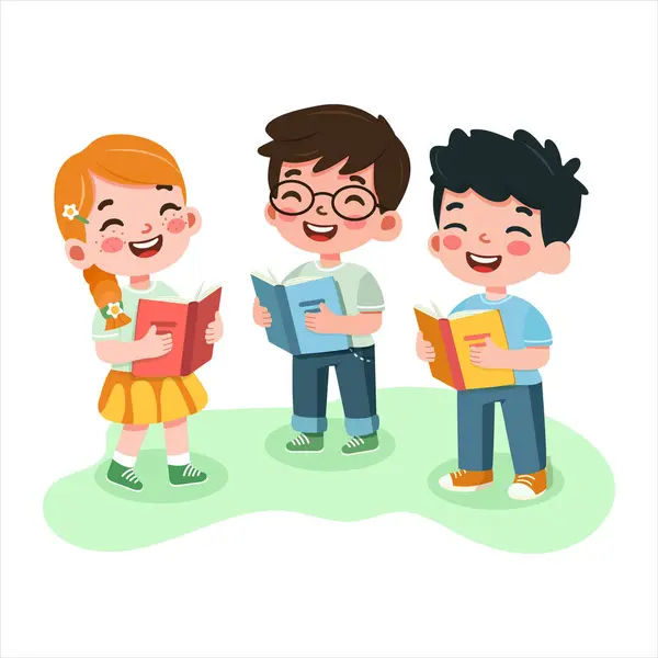 Beyaz arka planda kitap okuyan sevimli ve gülümseyen çocuklar. Çizgi film karakteri düz stil. Vektör illüstrasyonu