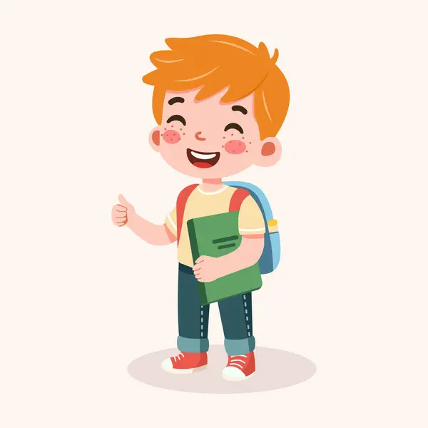 Çilli sevimli kızıl saçlı çocuk sırt çantası ve kitapla mutlu. Okul konseptine geri dönelim. Çizgi film tarzında vektör illüstrasyonu