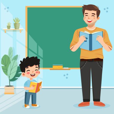 Sınıfta mutlu bir çocukla gülümseyen öğretmen. Dünya Öğretmenler Günü konsepti. Poster, Banner, Flyer, tebrik kartı. Çizgi film tarzında vektör illüstrasyonu