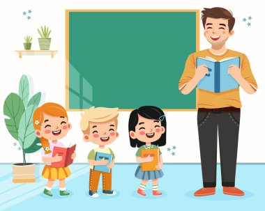 Sınıfta mutlu uluslararası öğrencilerle gülümseyen öğretmen. Dünya Öğretmenler Günü konsepti. Poster, Banner, Flyer, tebrik kartı. Çizgi film tarzında vektör illüstrasyonu