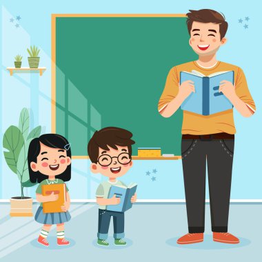 Sınıfta mutlu uluslararası öğrencilerle gülümseyen öğretmen. Dünya Öğretmenler Günü konsepti. Poster, Banner, Flyer, tebrik kartı. Çizgi film tarzında vektör illüstrasyonu