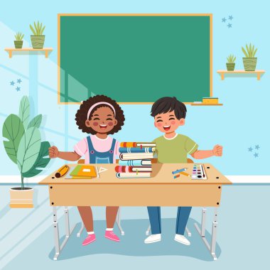 Sınıftaki okul masasında gülümseyen mutlu uluslararası öğrenciler. Dünya Öğretmenler Günü konsepti. Poster, Banner, Flyer, tebrik kartı. Çizgi film tarzında vektör illüstrasyonu