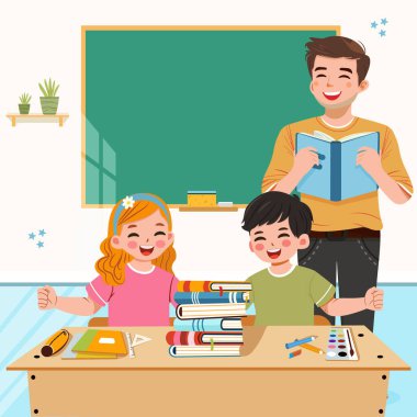 Sınıftaki okul masasında mutlu uluslararası öğrencilerle gülümseyen öğretmen. Dünya Öğretmenler Günü konsepti. Poster, Banner, Flyer, tebrik kartı. Çizgi film tarzında vektör illüstrasyonu