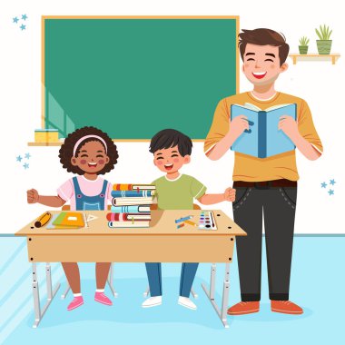 Sınıftaki okul masasında mutlu uluslararası öğrencilerle gülümseyen öğretmen. Dünya Öğretmenler Günü konsepti. Poster, Banner, Flyer, tebrik kartı. Çizgi film tarzında vektör illüstrasyonu
