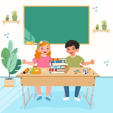 Sınıftaki okul masasında gülümseyen mutlu uluslararası öğrenciler. Dünya Öğretmenler Günü konsepti. Poster, Banner, Flyer, tebrik kartı. Çizgi film tarzında vektör illüstrasyonu