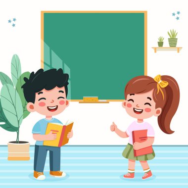 Gülümseyen mutlu öğrenciler, kız ve erkek, okulda. Dünya Öğretmenler Günü konsepti. Poster, Banner, Flyer, tebrik kartı. Çizgi film tarzında vektör illüstrasyonu