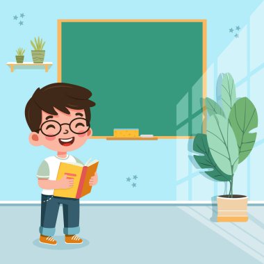 Sınıfta gülümseyen mutlu öğrenci. Dünya Öğretmenler Günü konsepti. Poster, Banner, Flyer, tebrik kartı. Çizgi film tarzında vektör illüstrasyonu