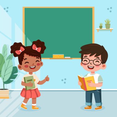 Gülümseyen mutlu uluslararası öğrenciler, erkek ve kız, okulda. Dünya Öğretmenler Günü konsepti. Poster, Banner, Flyer, tebrik kartı. Çizgi film tarzında vektör illüstrasyonu