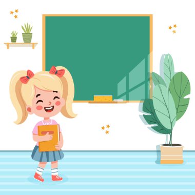 Sınıfta gülümseyen mutlu öğrenci kız. Dünya Öğretmenler Günü konsepti. Poster, Banner, Flyer, tebrik kartı. Çizgi film tarzında vektör illüstrasyonu
