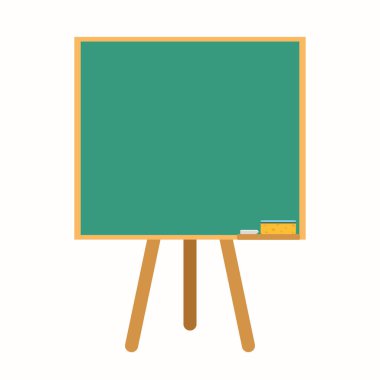 Tebeşir ve süngerli yeşil ahşap okul tahtası. Okul konseptine geri dönelim. Çizgi film tarzında vektör illüstrasyonu