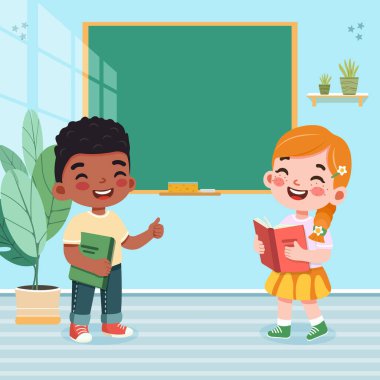 Gülümseyen mutlu uluslararası öğrenciler, erkek ve kız, okulda. Dünya Öğretmenler Günü konsepti. Poster, Banner, Flyer, tebrik kartı. Çizgi film tarzında vektör illüstrasyonu