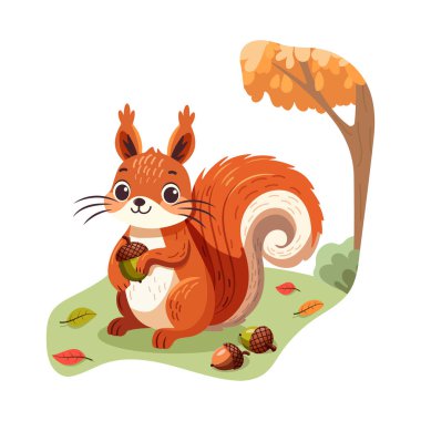 Beyaz arka planda meşe palamudu ve sonbahar yapraklı şirin bir sincap. Çizgi film düz stiliyle vektör illüstrasyonu.