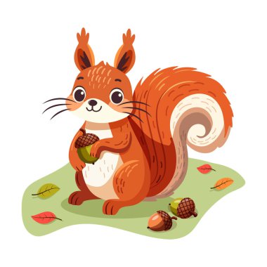 Beyaz arka planda meşe palamudu ve sonbahar yapraklı şirin bir sincap. Çizgi film düz stiliyle vektör illüstrasyonu.