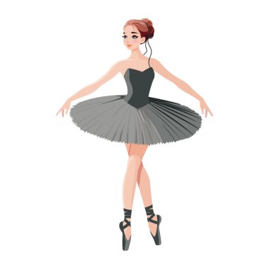 Beyaz arka planda dans eden siyah elbiseli güzel bir balerin. Beyaz arkaplanda vektör illüstrasyonu