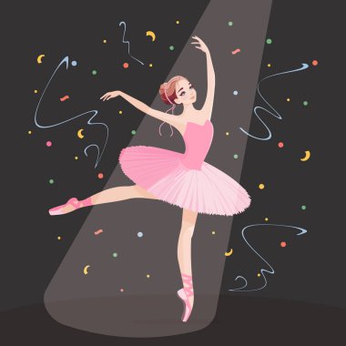 Pembe elbiseli güzel bir balerin sahnede dans ediyor ve sahne ışıkları onun üzerinde parlıyor. Çizgi film tarzında vektör illüstrasyonu