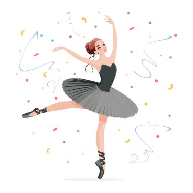 Beyaz arka planda dans eden siyah elbiseli güzel bir balerin. Çizgi film tarzında vektör illüstrasyonu