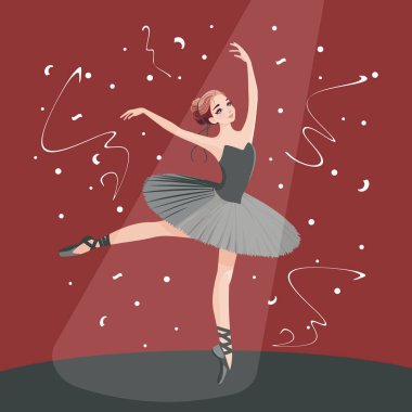 Siyah elbiseli güzel bir balerin sahnede dans ediyor ve sahne ışıkları onun üzerinde parlıyor. Çizgi film tarzında vektör illüstrasyonu