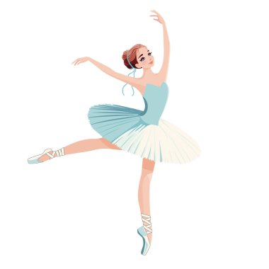 Beyaz elbiseli güzel bir balerin ve beyaz arka planda dans eden mavi bir gölge. Beyaz arkaplanda vektör illüstrasyonu