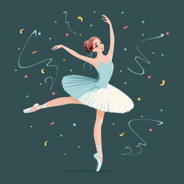 Beyaz elbiseli güzel balerin dans ediyor. Çizgi film tarzında vektör illüstrasyonu