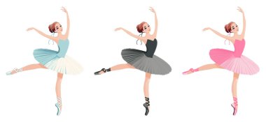 Beyaz arka planda dans eden farklı elbiseli güzel balerin takımı. Çizgi film tarzında vektör illüstrasyonu