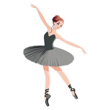 Beyaz arka planda dans eden siyah elbiseli güzel bir balerin. Çizgi film tarzında vektör illüstrasyonu