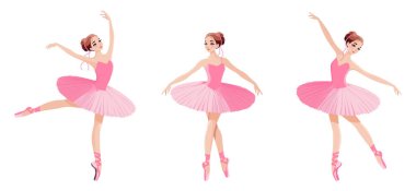 Beyaz arka planda dans eden pembe elbiseli güzel balerin. Çizgi film tarzında vektör illüstrasyonu