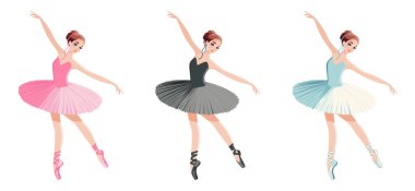 Beyaz arka planda dans eden farklı elbiseli güzel balerin takımı. Çizgi film tarzında vektör illüstrasyonu