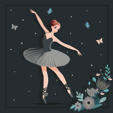 Siyah elbiseli romantik balerin, arka planda çiçekler ve kelebeklerle dans ediyor. Çizgi film tarzında vektör illüstrasyonu