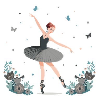 Siyah elbiseli romantik balerin beyaz arka planda çiçekler ve kelebeklerle dans ediyor. Çizgi film tarzında vektör illüstrasyonu