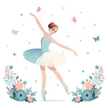 Beyaz elbiseli romantik balerin beyaz arka planda çiçekler ve kelebeklerle dans ediyor. Çizgi film tarzında vektör illüstrasyonu