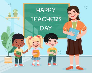 Sınıfta tahtada duran gülümseyen öğrenci ve öğretmen. Okul konseptine geri dönelim. Çizgi film tarzında vektör illüstrasyonu