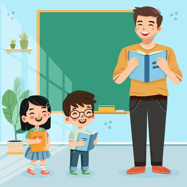 Sınıfta mutlu uluslararası öğrencilerle gülümseyen öğretmen. Dünya Öğretmenler Günü konsepti. Poster, Banner, Flyer, tebrik kartı. Çizgi film tarzında vektör illüstrasyonu
