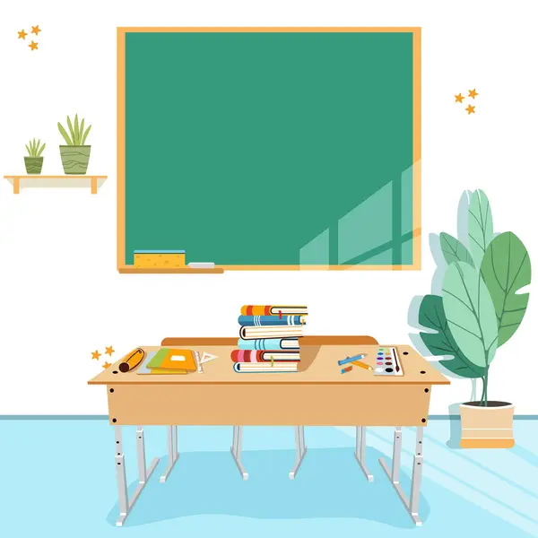 Okul yönetim kurulu, okul masası, kitaplar, okul gereçleri ve bitkilerin olduğu sınıf. Okula dönüş kavramı. Poster, Banner, Flyer. Çizgi film tarzında vektör illüstrasyonu