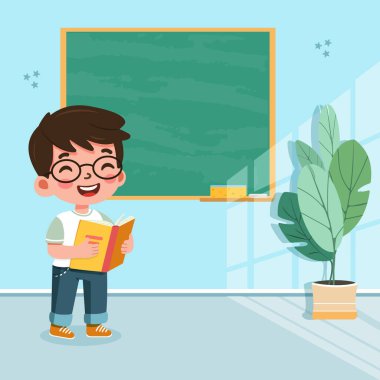 Sınıfta tahtanın önünde duran sevimli ve mutlu öğrenci çocuk. Okul konseptine geri dönelim. Çizgi film tarzında vektör illüstrasyonu