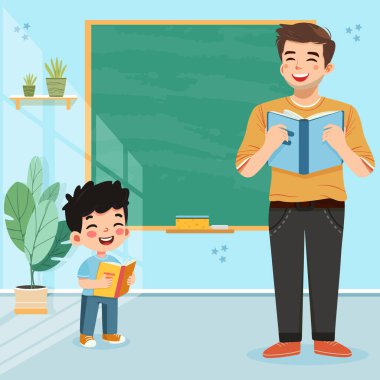 Okulda tahtada gülümseyen öğrenci ve öğretmen tahtası önünde duruyor. Dünya Öğretmenler Günü konsepti. Poster, Banner, Flyer, tebrik kartı. Çizgi film tarzında vektör illüstrasyonu