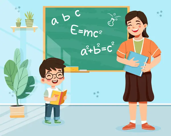 Okulda elinde kitaplarla tahtaya dikilmiş öğretmeniyle gülümseyen sevimli öğrenciler. Çizgi film tarzında vektör illüstrasyonu