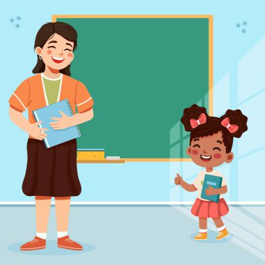 Sınıfta tahtada duran gülümseyen öğrenci kız ve öğretmen. Okul konseptine geri dönelim. Çizgi film tarzında vektör illüstrasyonu