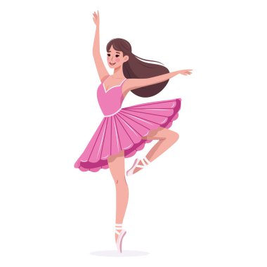 Beyaz arka planda dans eden güzel ve nazik balerin kız. Poster, Banner, Flyer, tebrik kartı. Çizgi film tarzında vektör illüstrasyonu