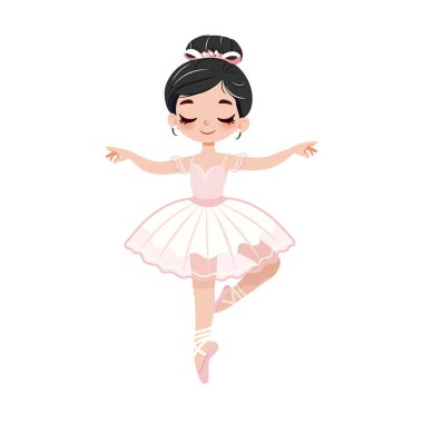 Beyaz arka planda dans eden beyaz ve pembe elbiseli güzel ve nazik balerin kız. Poster, Banner, Flyer, tebrik kartı. Çizgi film tarzında vektör illüstrasyonu