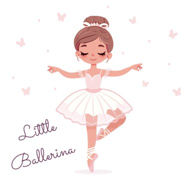 Beyaz elbiseli güzel ve nazik balerin beyaz arka planda kelebeklerle dans ediyor. Poster, Banner, Flyer, tebrik kartı. Çizgi film tarzında vektör illüstrasyonu