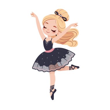 Siyah ve pembe elbiseli güzel ve nazik balerin kız beyaz arka planda dans ediyor. Poster, Banner, Flyer, tebrik kartı. Çizgi film tarzında vektör illüstrasyonu