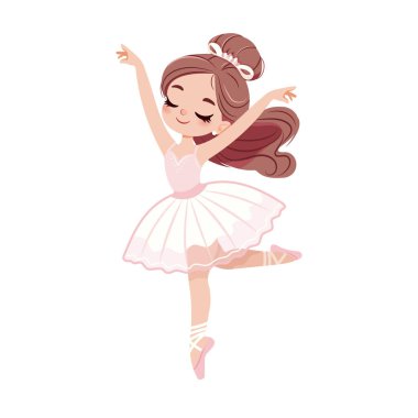 Beyaz arka planda dans eden beyaz ve pembe elbiseli güzel ve nazik balerin kız. Poster, Banner, Flyer, tebrik kartı. Çizgi film tarzında vektör illüstrasyonu