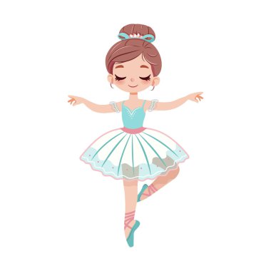 Beyaz, mavi ve pembe elbiseli balerin kız beyaz arka planda dans ediyor. Poster, Banner, Flyer, tebrik kartı. Çizgi film tarzında vektör illüstrasyonu